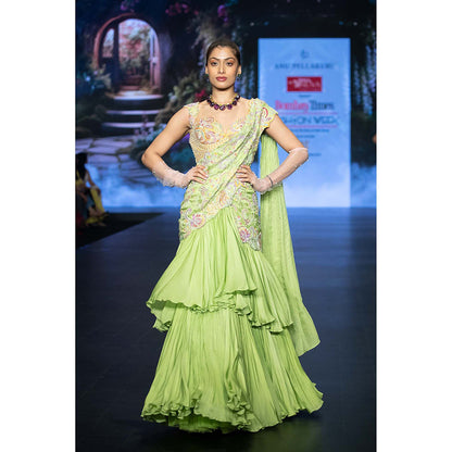 Anu Pellakuru Green Kuha Pre-Draped Saree with Stitched Blouse