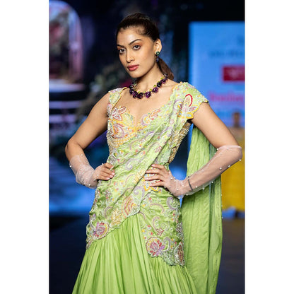 Anu Pellakuru Green Kuha Pre-Draped Saree with Stitched Blouse