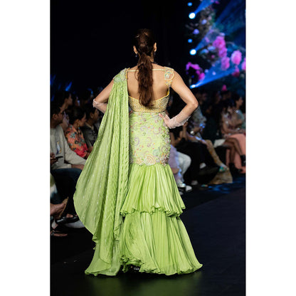 Anu Pellakuru Green Kuha Pre-Draped Saree with Stitched Blouse