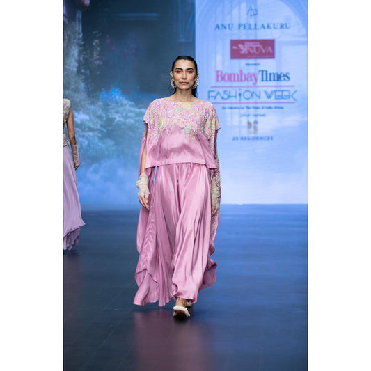 Anu Pellakuru Pink Tusnika Cape Embroidered Top and Pant (Set of 2)
