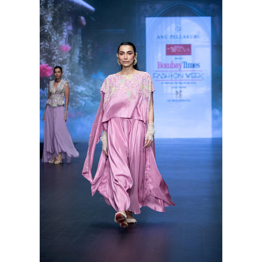 Anu Pellakuru Pink Tusnika Cape Embroidered Top and Pant (Set of 2)