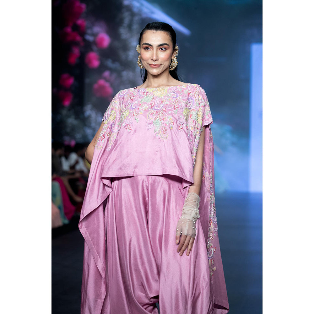 Anu Pellakuru Pink Tusnika Cape Embroidered Top and Pant (Set of 2)