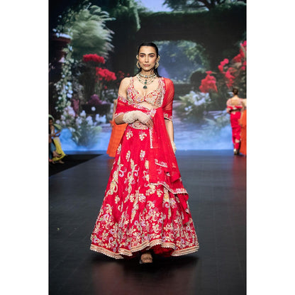 Anu Pellakuru Red Gunjan Embroidered Lehenga with Blouse and Dupatta (Set of 3)