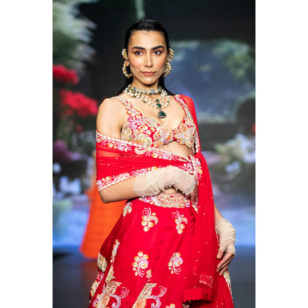 Anu Pellakuru Red Gunjan Embroidered Lehenga with Blouse and Dupatta (Set of 3)