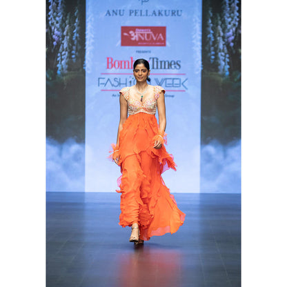 Anu Pellakuru Orange Ira Ruffled Embroidered Co-Ord (Set of 2)