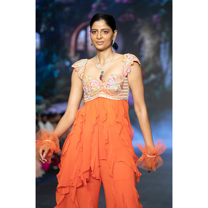 Anu Pellakuru Orange Ira Ruffled Embroidered Co-Ord (Set of 2)