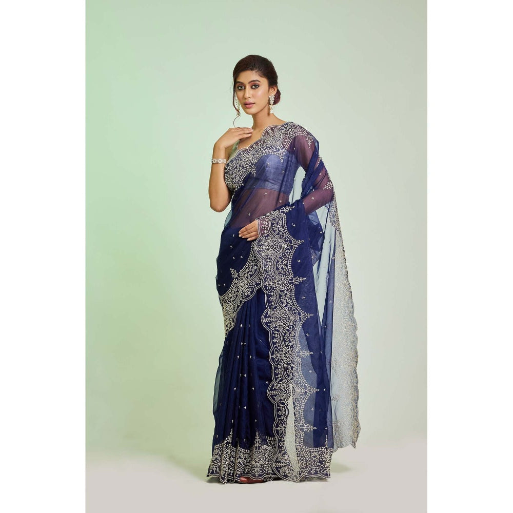 Aparnaa Navy Blue Organza Saree with Unstitched Blouse