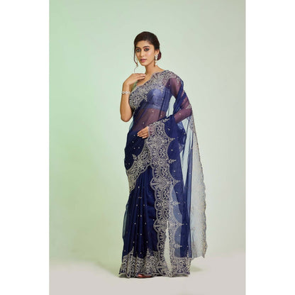 Aparnaa Navy Blue Organza Saree with Unstitched Blouse