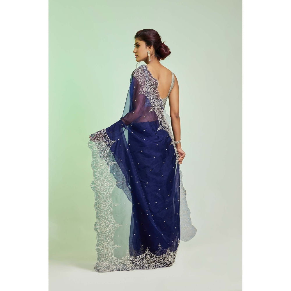 Aparnaa Navy Blue Organza Saree with Unstitched Blouse