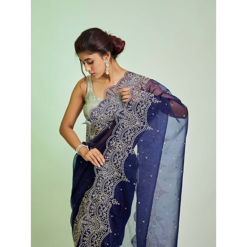 Aparnaa Navy Blue Organza Saree with Unstitched Blouse