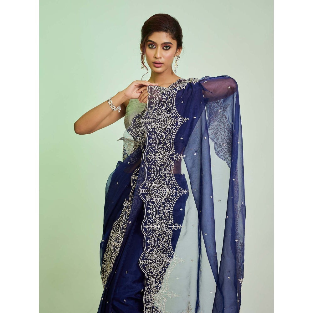 Aparnaa Navy Blue Organza Saree with Unstitched Blouse