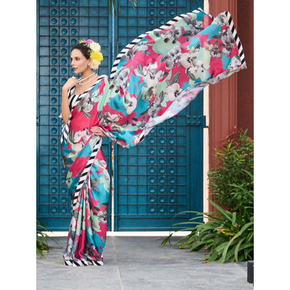 Aparnaa Abstract Pink Printed Satin Georgette Saree with Unstitched Blouse
