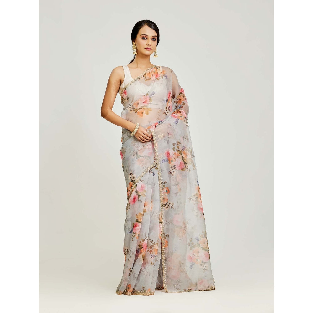 Aparnaa Grey Organza Printed Saree with Unstitched Blouse