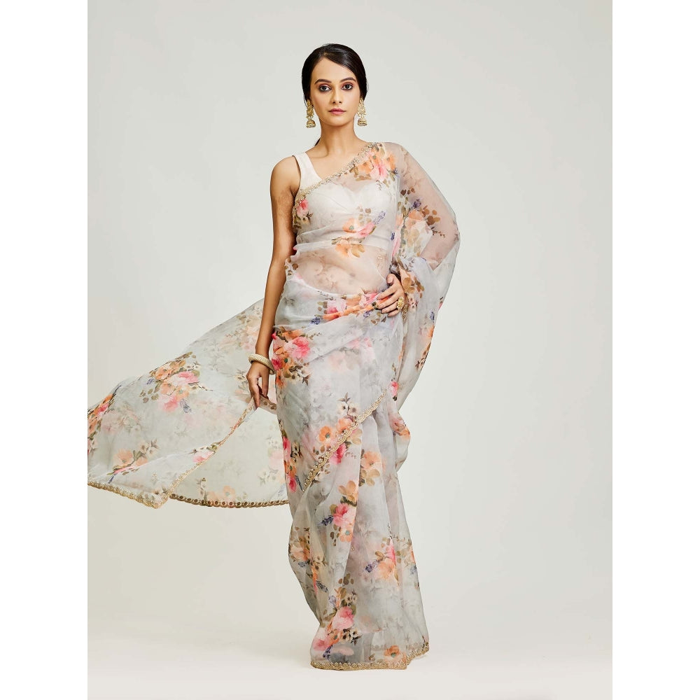 Aparnaa Grey Organza Printed Saree with Unstitched Blouse