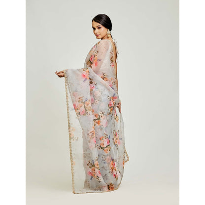 Aparnaa Grey Organza Printed Saree with Unstitched Blouse