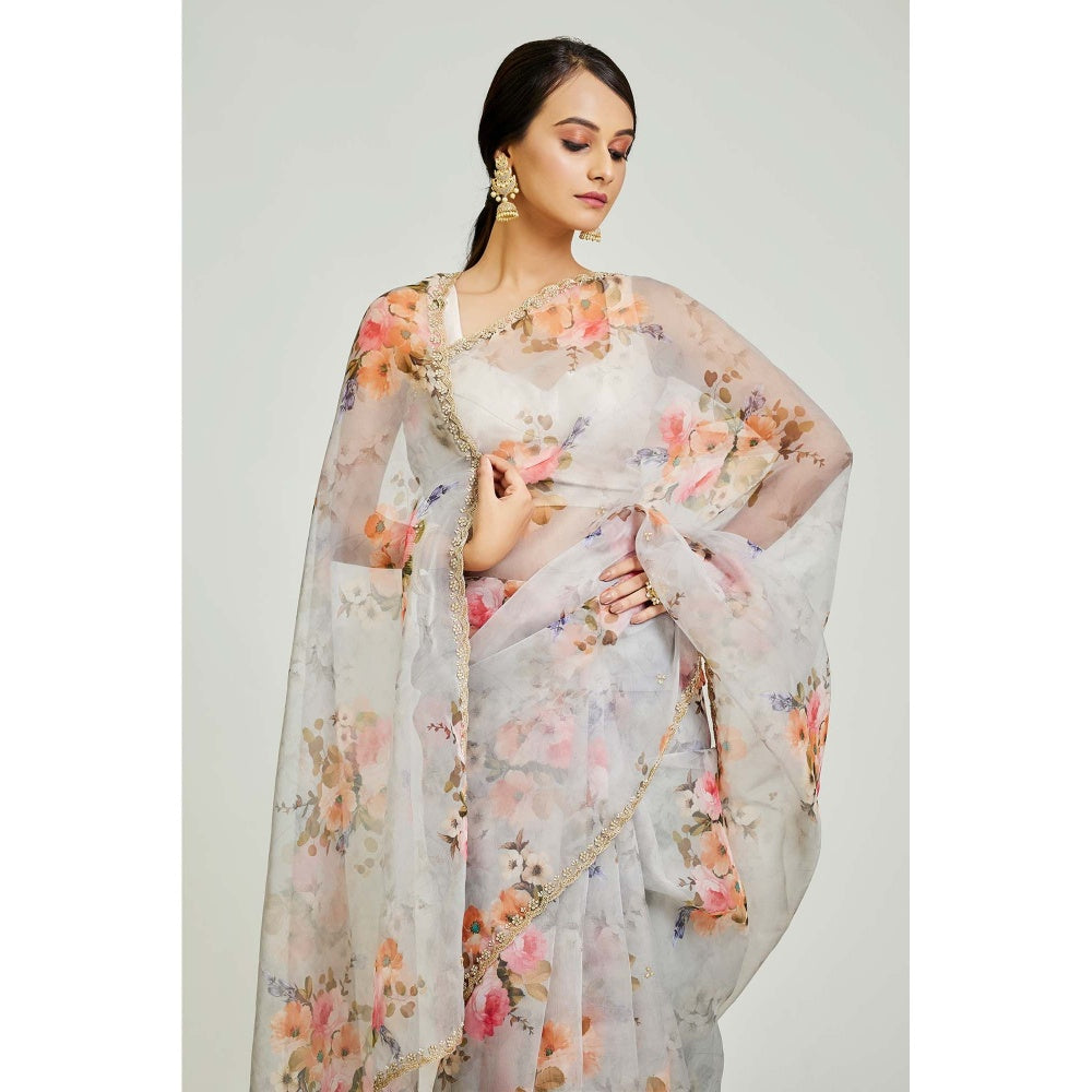 Aparnaa Grey Organza Printed Saree with Unstitched Blouse