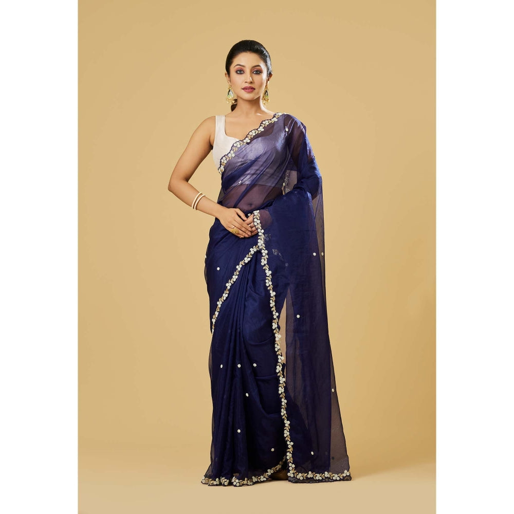 Aparnaa Navy Blue Organza Saree with Unstitched Blouse