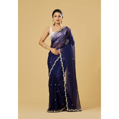 Aparnaa Navy Blue Organza Saree with Unstitched Blouse