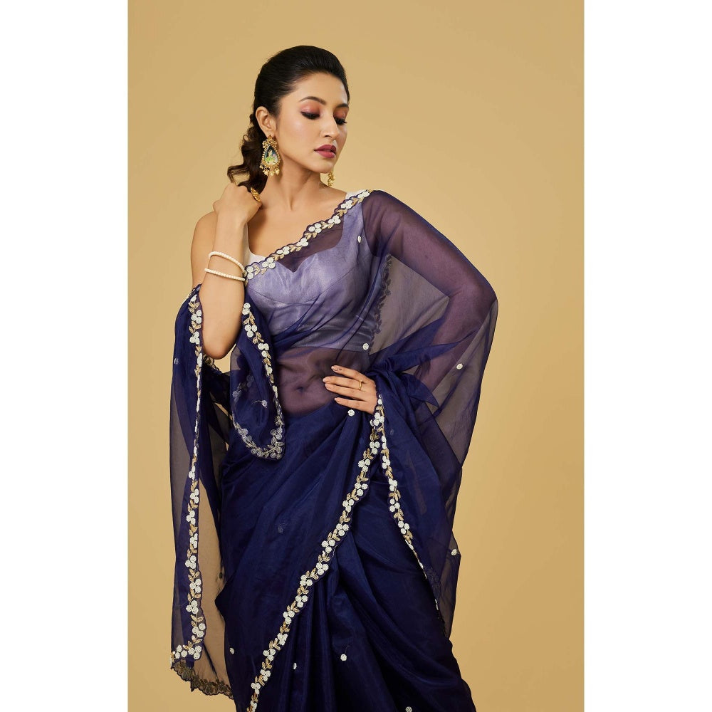 Aparnaa Navy Blue Organza Saree with Unstitched Blouse