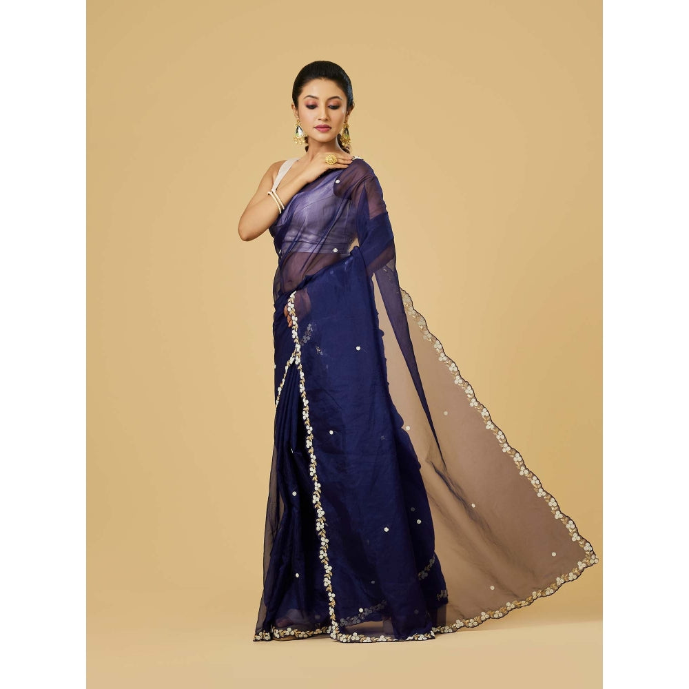 Aparnaa Navy Blue Organza Saree with Unstitched Blouse