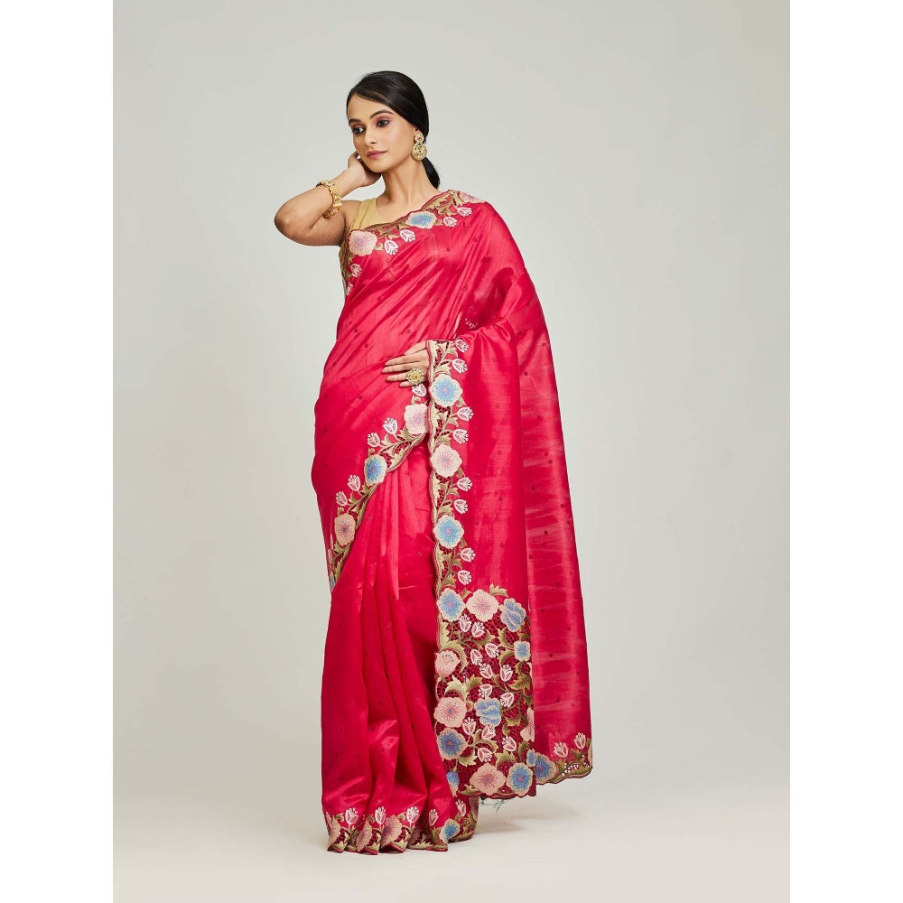 Aparnaa Red Tussar Cutwork Saree with Unstitched Blouse