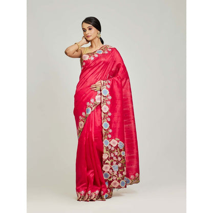 Aparnaa Red Tussar Cutwork Saree with Unstitched Blouse