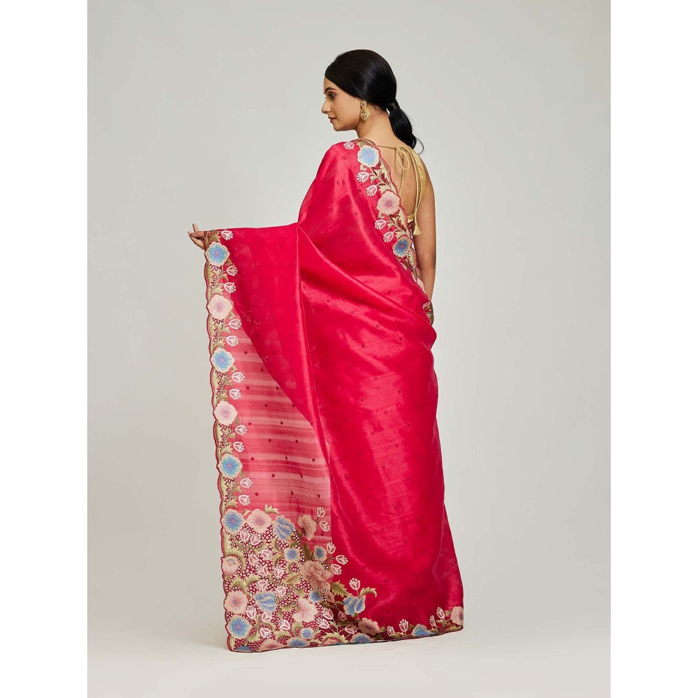 Aparnaa Red Tussar Cutwork Saree with Unstitched Blouse