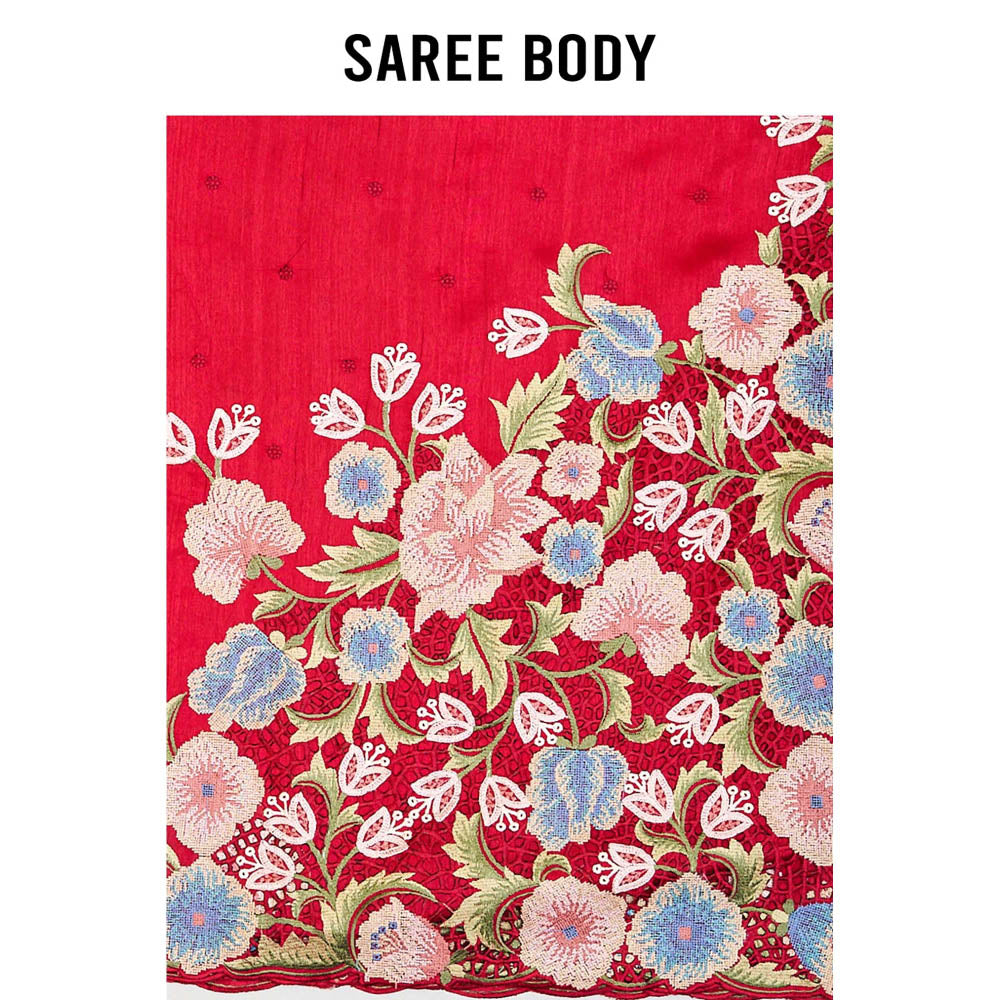 Aparnaa Red Tussar Cutwork Saree with Unstitched Blouse