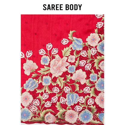 Aparnaa Red Tussar Cutwork Saree with Unstitched Blouse