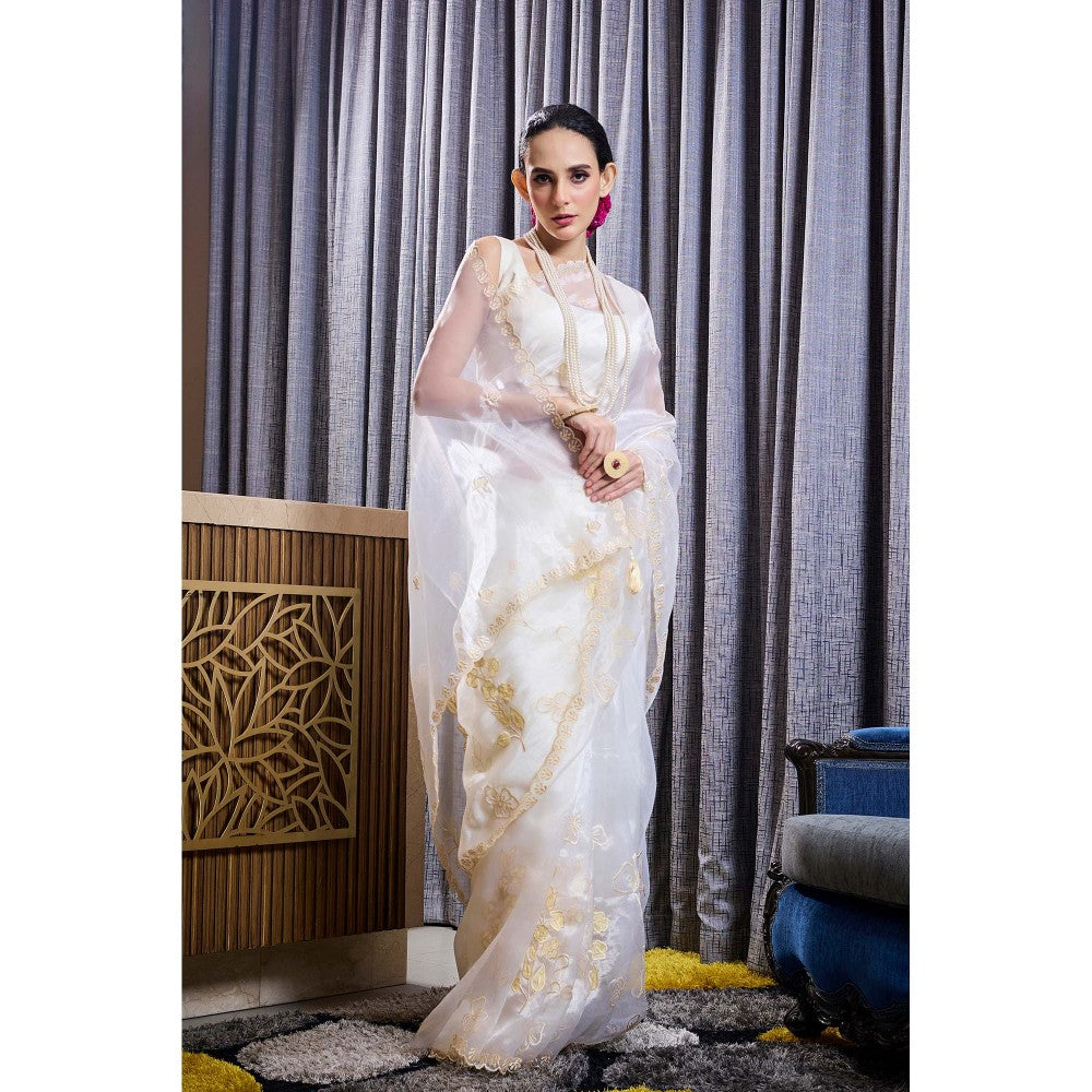 Aparnaa White Applique work Tissue Saree with Unstitched Blouse