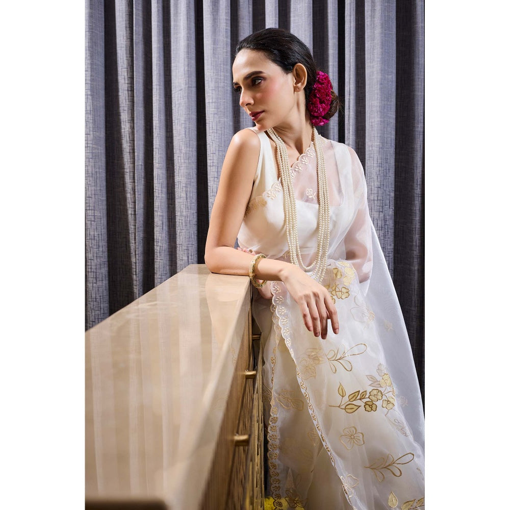 Aparnaa White Applique work Tissue Saree with Unstitched Blouse
