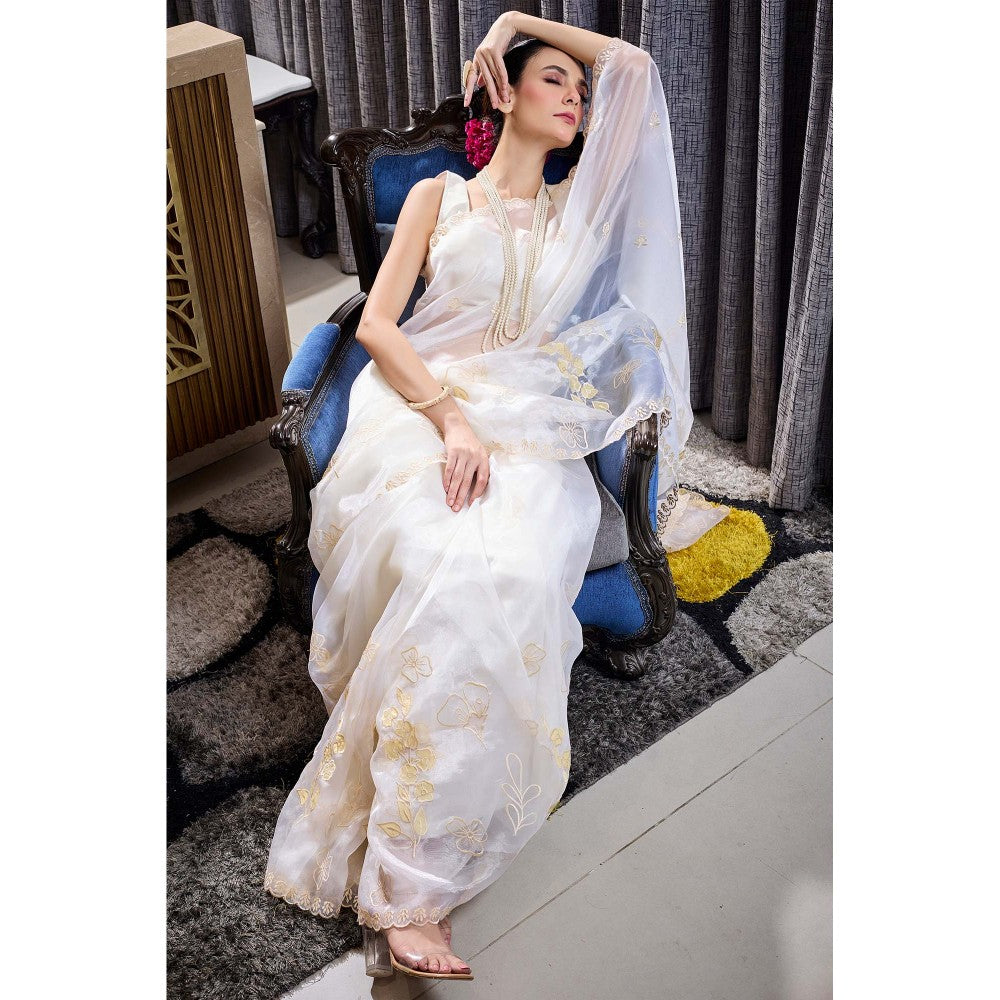 Aparnaa White Applique work Tissue Saree with Unstitched Blouse