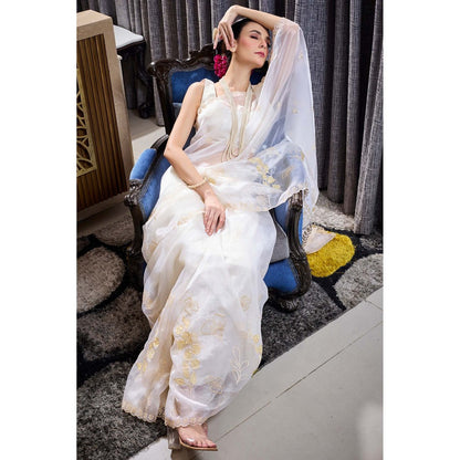 Aparnaa White Applique work Tissue Saree with Unstitched Blouse