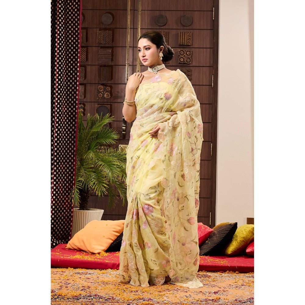 Aparnaa Yellow Applique work Organza Saree with Unstitched Blouse