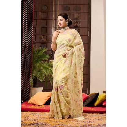 Aparnaa Yellow Applique work Organza Saree with Unstitched Blouse