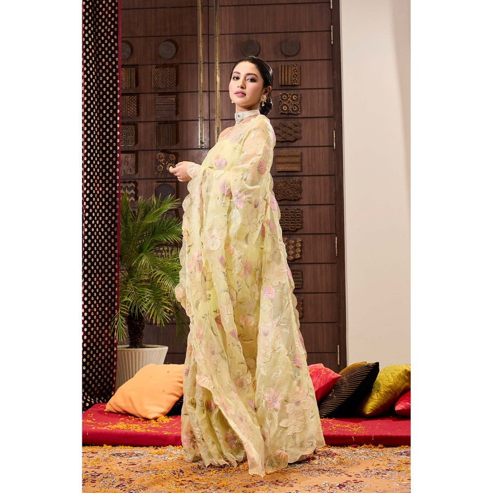 Aparnaa Yellow Applique work Organza Saree with Unstitched Blouse
