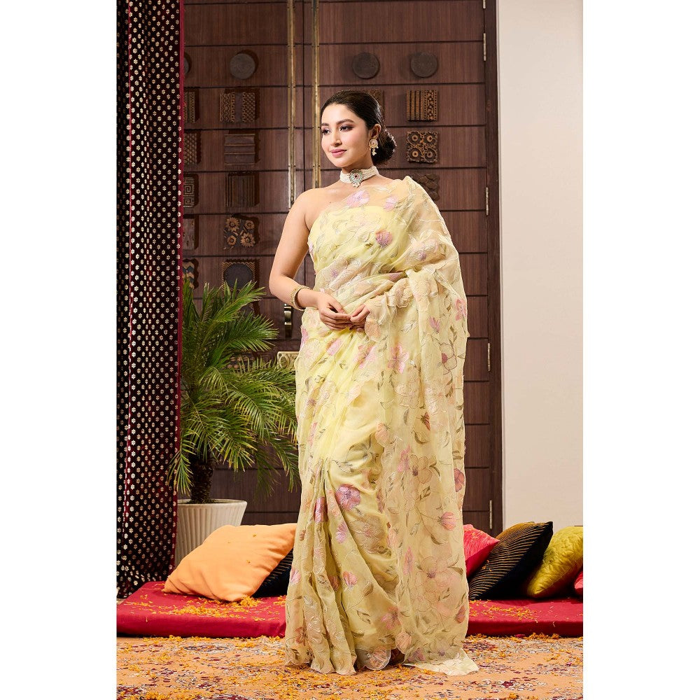 Aparnaa Yellow Applique work Organza Saree with Unstitched Blouse