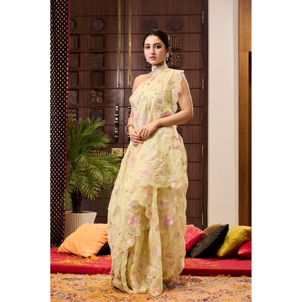 Aparnaa Yellow Applique work Organza Saree with Unstitched Blouse