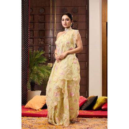 Aparnaa Yellow Applique work Organza Saree with Unstitched Blouse