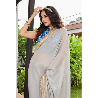 Aparnaa Grey Chiffon Beautiful Lace Saree with Unstitched Blouse