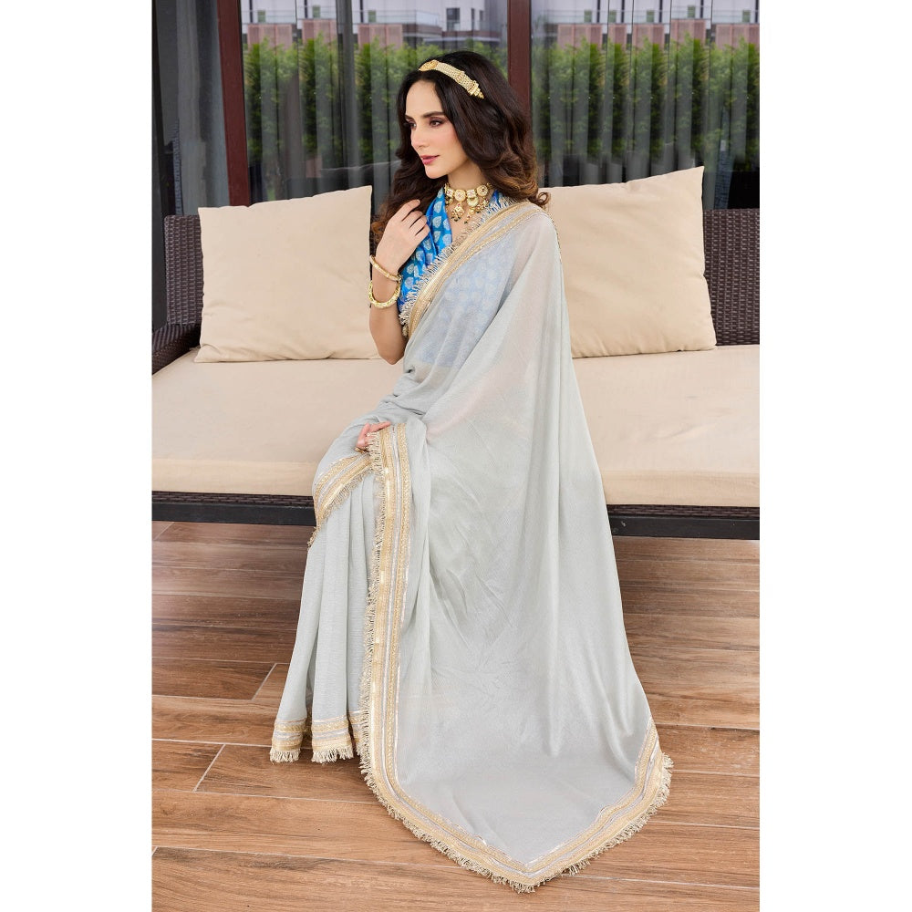 Aparnaa Grey Chiffon Beautiful Lace Saree with Unstitched Blouse