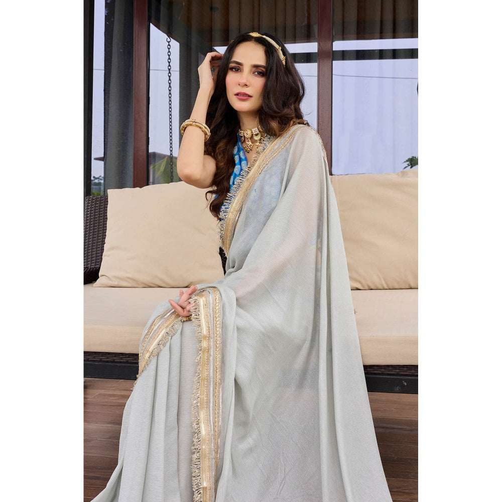 Aparnaa Grey Chiffon Beautiful Lace Saree with Unstitched Blouse