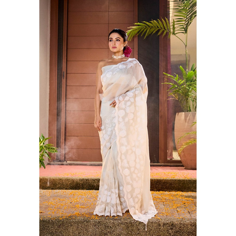 Aparnaa White Tissue Applique Saree with Unstitched Blouse