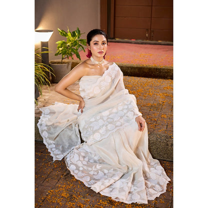 Aparnaa White Tissue Applique Saree with Unstitched Blouse