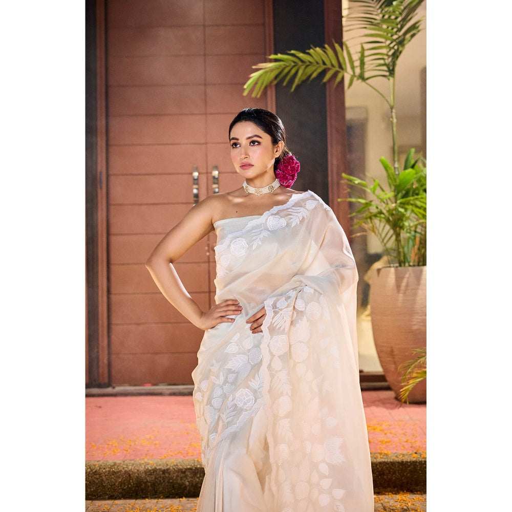 Aparnaa White Tissue Applique Saree with Unstitched Blouse