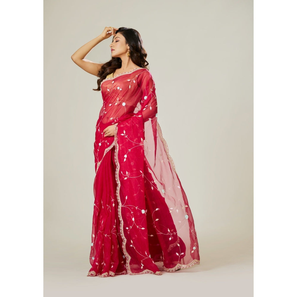 Aparnaa Red Organza Saree with Unstitched Blouse
