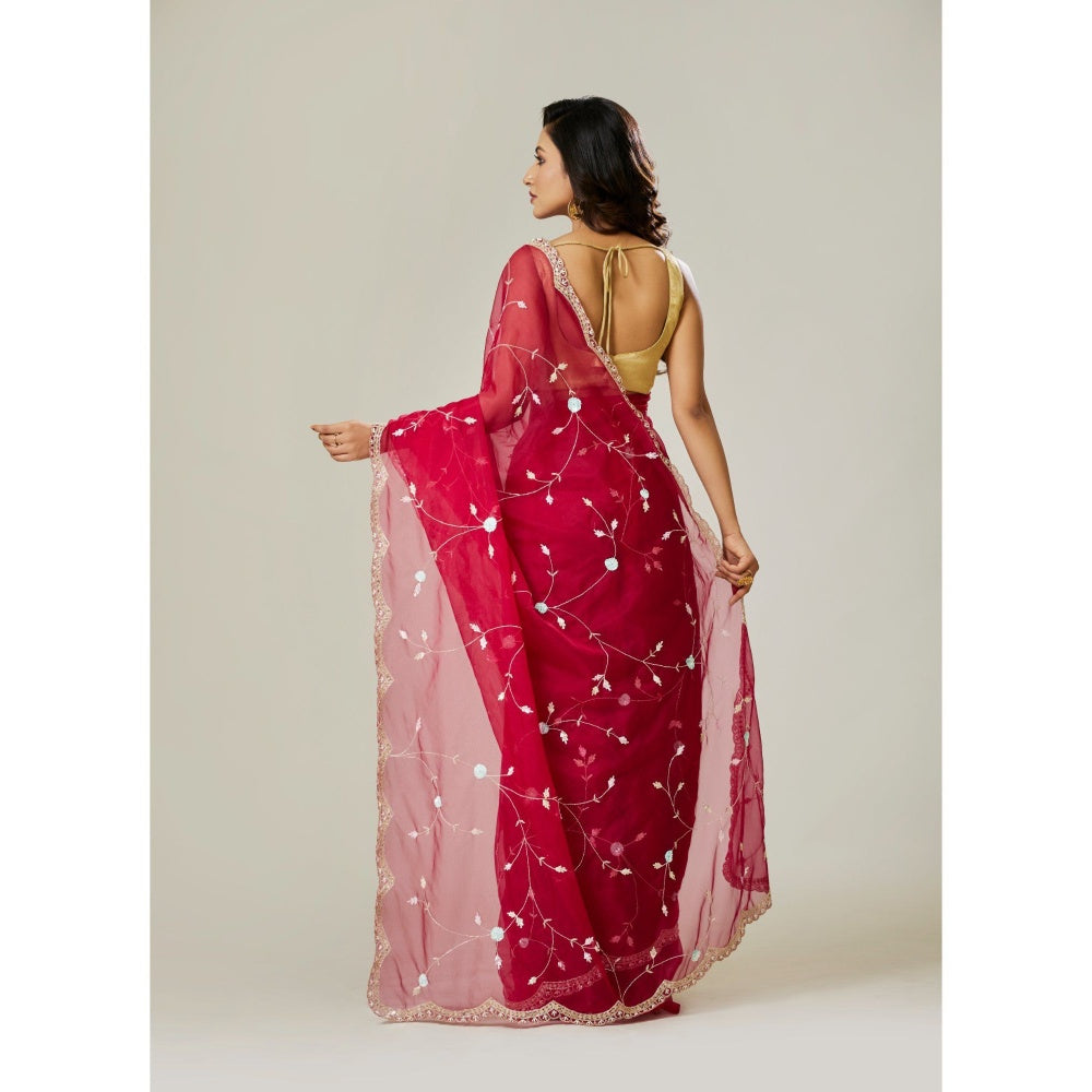 Aparnaa Red Organza Saree with Unstitched Blouse