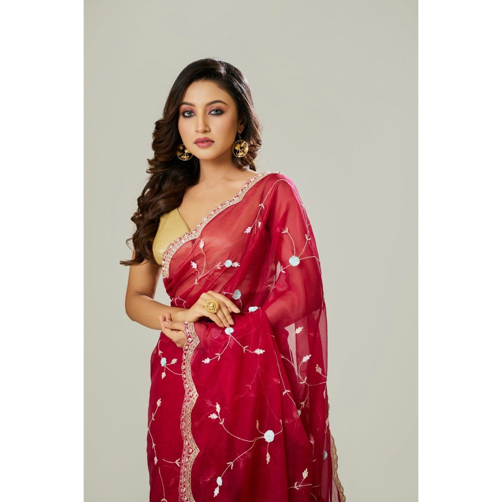 Aparnaa Red Organza Saree with Unstitched Blouse