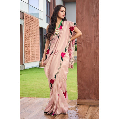 Aparnaa Pink Tissue Patchwork Saree with Unstitched Blouse