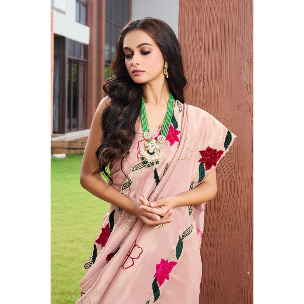 Aparnaa Pink Tissue Patchwork Saree with Unstitched Blouse